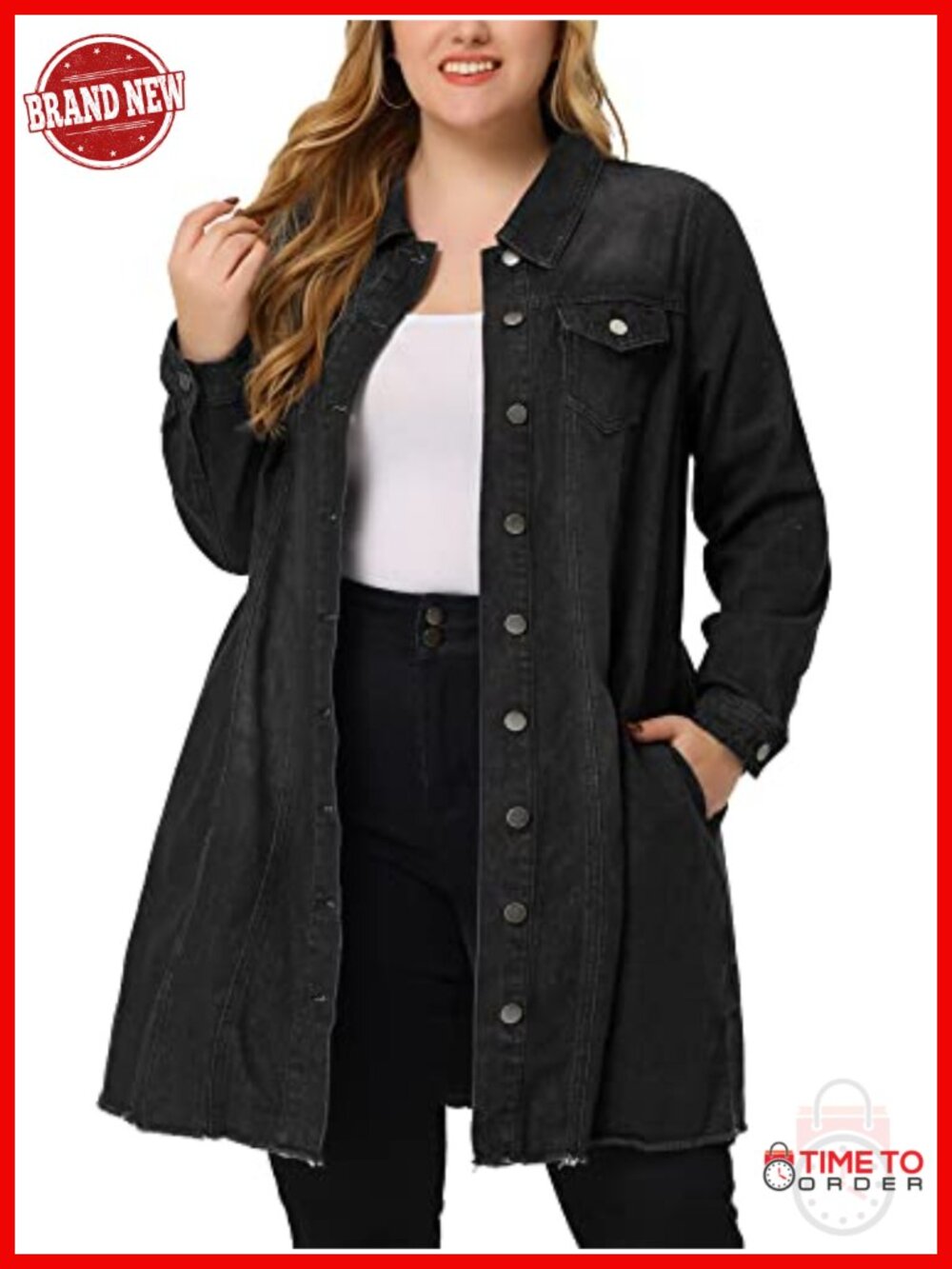 Plus Size Distressed Denim Jacket Long Button Up Pockets Jean Coat